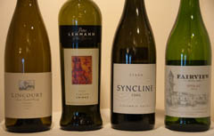 Four Syrah/Shiraz wines: Lincourt (CA), Peter Lehmann (Australia), Syncline (WA), Fairview (South Africa)